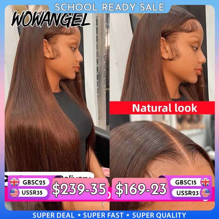 34 Zoll lange, glatte, schokoladenbraune Echthaarperücken, 13x6 HD Full Lace Frontal Perücke, 250% vorgezupfte, hautähnliche HD Lace Perücke für Damen