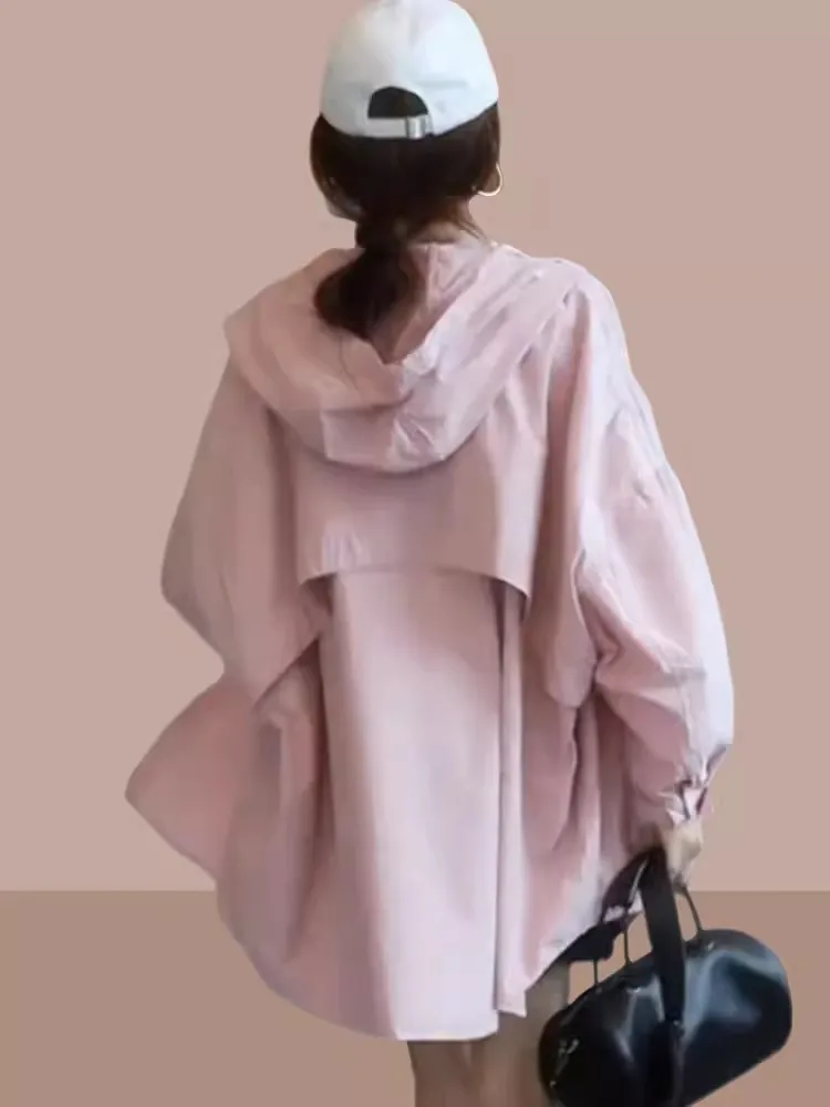 

White Summer Thin Sun Protection Shirt Coat Women's Drawstring Hood Casual Loose Small Size Versatile Top Fashionable Streetwear