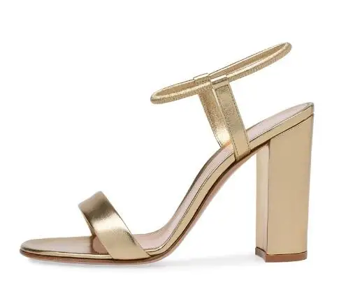 

Hot Women Gold Sliver Matte Leather Round Open Toe One Line Ankle Elastic Band Slip On Block Heel Sandals High Heel Party Shoes
