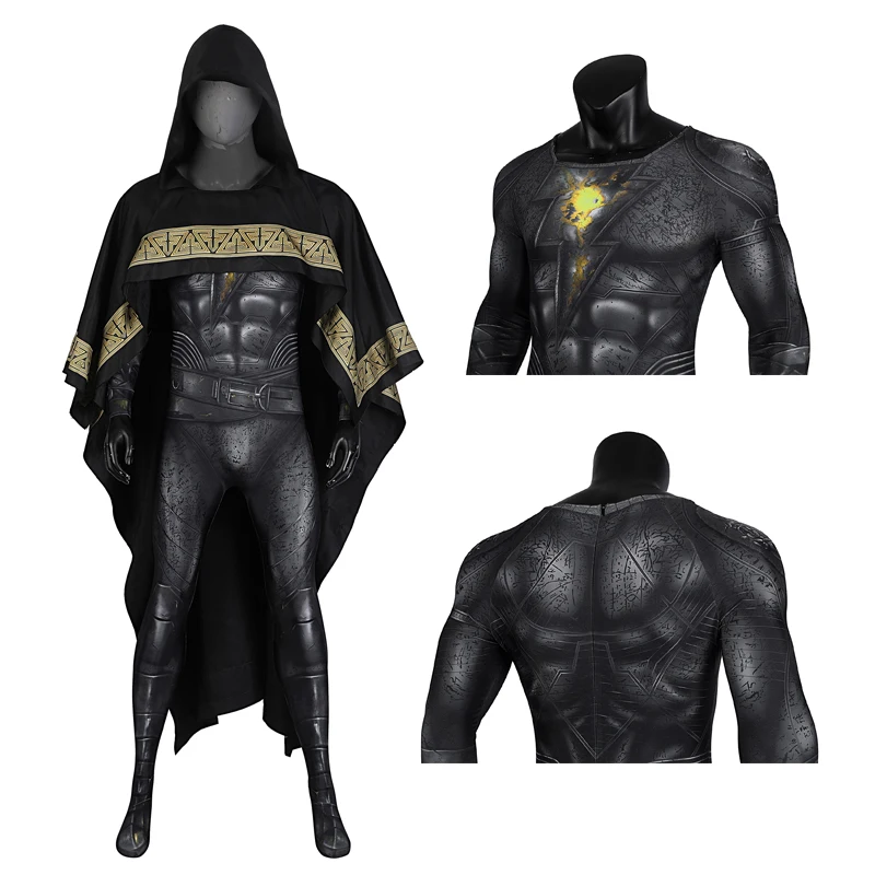 

Adult Teth Adam Cosplay Halloween Carnival Costume Superhero Outfit Muscle 3D Digital Printing Jumpsuit Black Cape With Hood