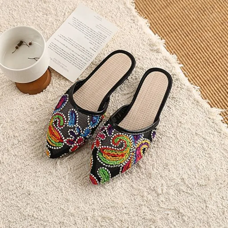 Traditional Women's Embroidered Slippers Summer Pointed Toe Soft Insole Indoor Outdoor Slip On Shoes view 6