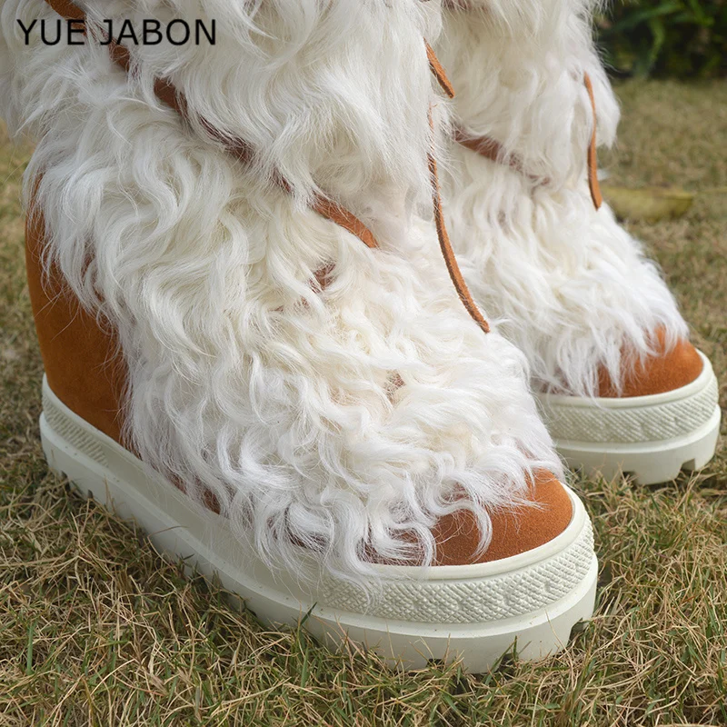 

Winter Curly Wool Fur Snow Boots 10cm inner wedge shoes Height Increasing Ankle Boots Bandage Fur Boots Woman Short Booties