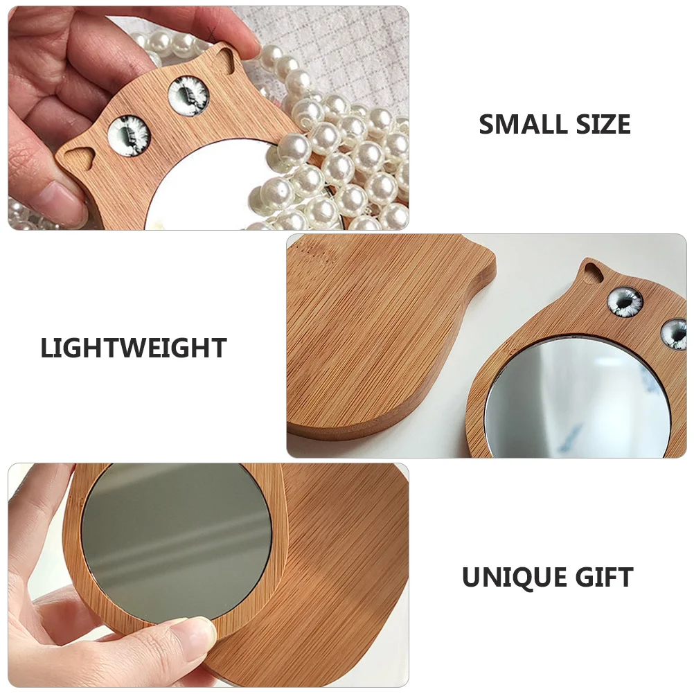2 szt. Przenośne Mini Lusterko do Makijażu dla Kota, Kompaktowe Lusterko Kieszonkowe z Drewnianą Ramką, Akcesoria do Makijażu Podróżne na Zewnątrz, Przejrzyste