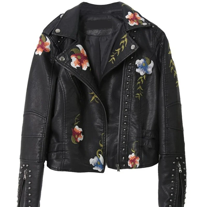 

Fashion Embroidered rivet PU Jackets Women Y2k Hip Hop Crop Tops Motor Jacket Leather Jacket Vintage Coat Winter Woman Jacket