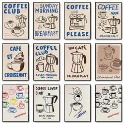 Cafe Morning Breakfast Coffee Club Kitchen Trendy Retro Poster Canvas Printing Wall Art Pictures Home Decor Coffee Lover Gift