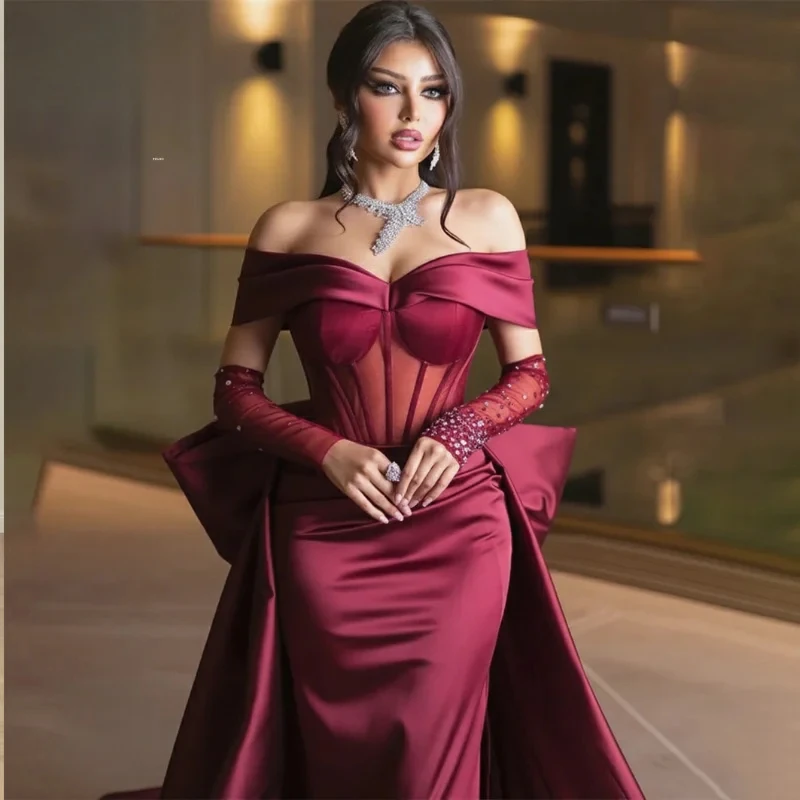 

Элегантное бордовое вечернее платье в стиле русалки с блестящими бусинами с открытыми плечами, вечернее платье, бальное платье, Vestdos De Fiesta, по индивидуальному заказу