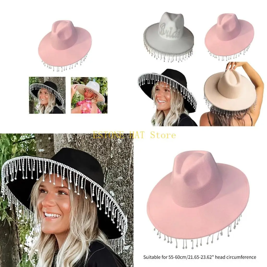 49MF Shimmering Tassels Cowboy Hat Bride Cowgirl Hat Western Cowboy Cap Cowgirl Hat with Rhinestones