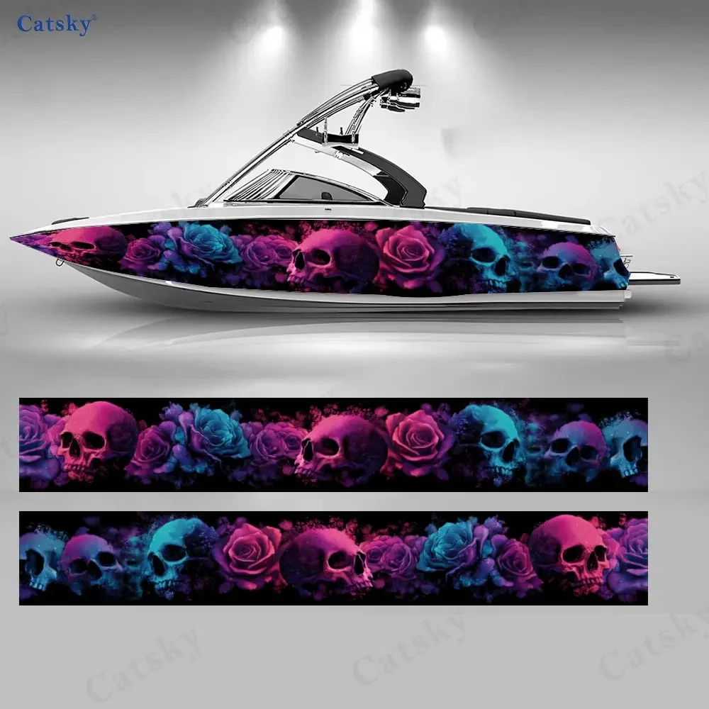 2Pcs Magenta Thorns & Skull Boat Stickers, PVC Waterproof Durable Vinyl Wrap Decals for Fishing Boat, Durable and Stylish Design