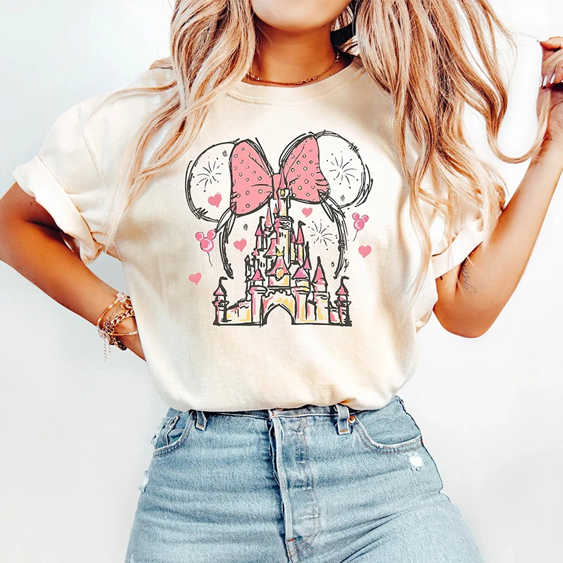 Disney Minnie Mouse Castle Shirt Magic Kingdom Family Short sleeved T-shirt American Retro Women's Fashion Casual Sweatshirt