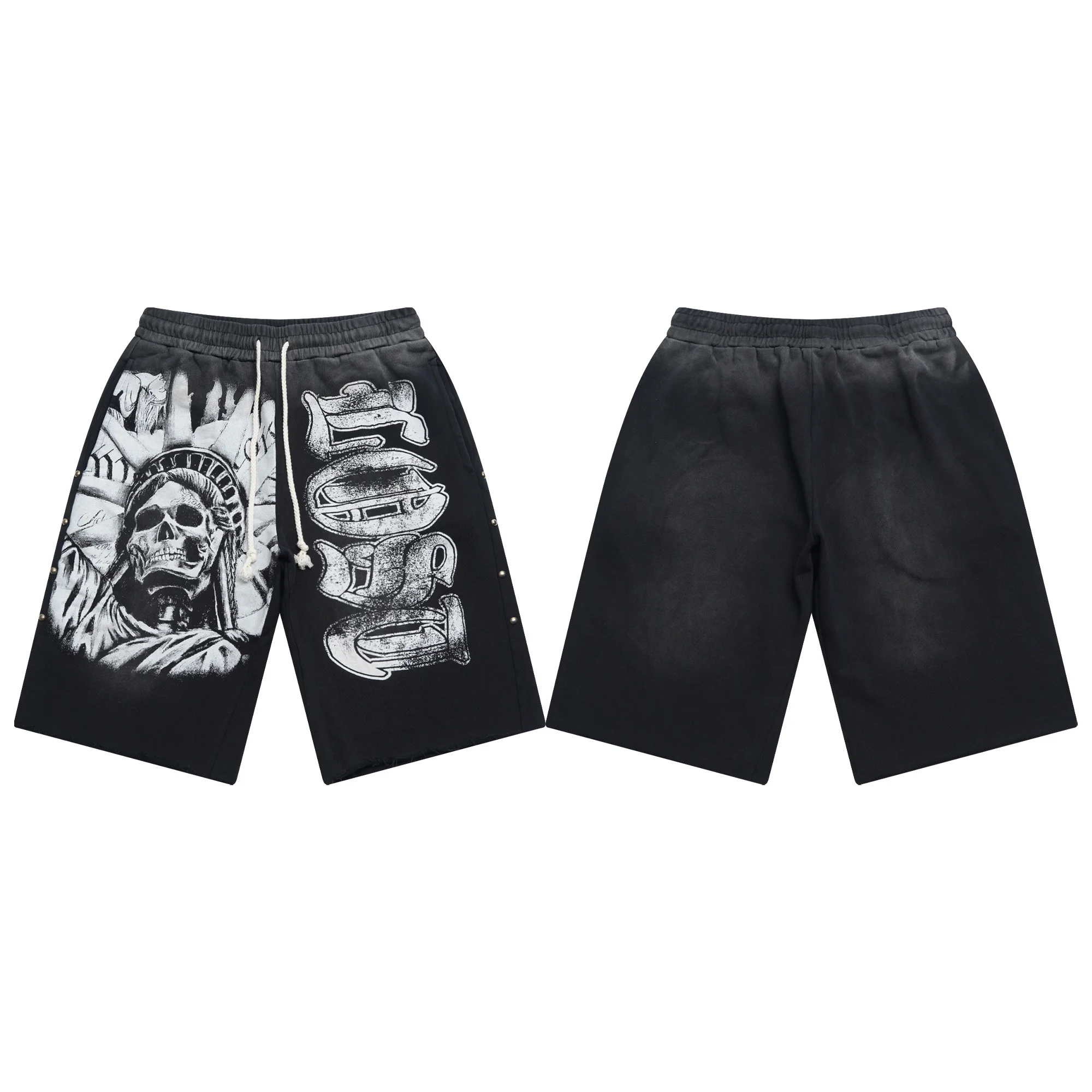 

Waed out Skull Print Dstring Casual orts American Street Sle High Waist Cotton Straight Leg Pants for Men