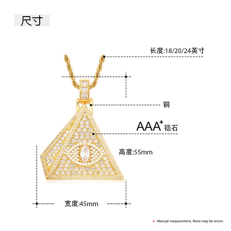 Hip Hop 5A CZ Stone Paved Bling Iced Out Solid Illuminati God Eye Pyramid Masonic Pendants Necklace for Men Rapper Jewelry