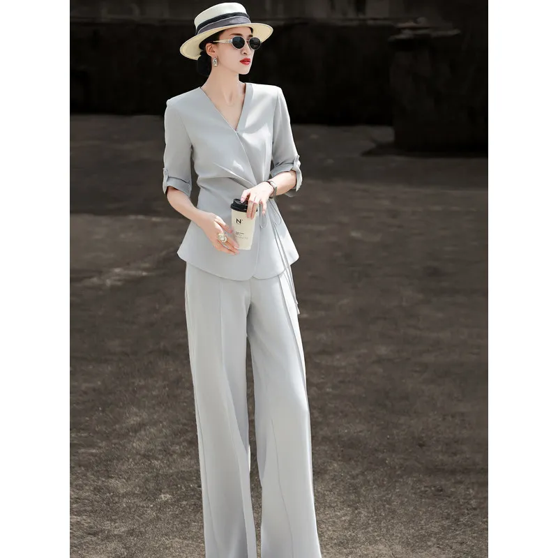 MEXCOCO Women Spring Autumn New Commuter High‑End Tie Waist Blazer & Wide‑Leg Pants 2‑Piece Outfit Set