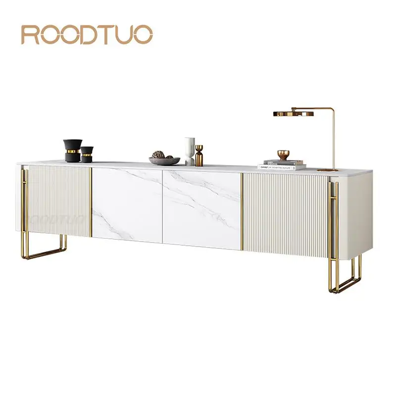 Roodtuo Tv Stand Living Room Furniture Vertical Texture Solid Wood With Paint Light Double Layer Storage Luxury Styleطاولة تلفزي