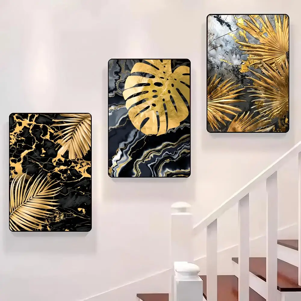 

Luxury Black Golden Plant Leaf Poster Sticky Wall Waterproof Home Living Room Bedroom Bar Aesthetic Decoration Perfect Gift
