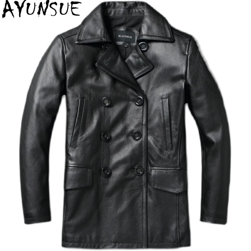 AYUNSUE Soft Cowhide Eather Jacket Autumn Mens Clothing Business Casual Windbreaker Mid Length Jackets Blouson Cuir Homme