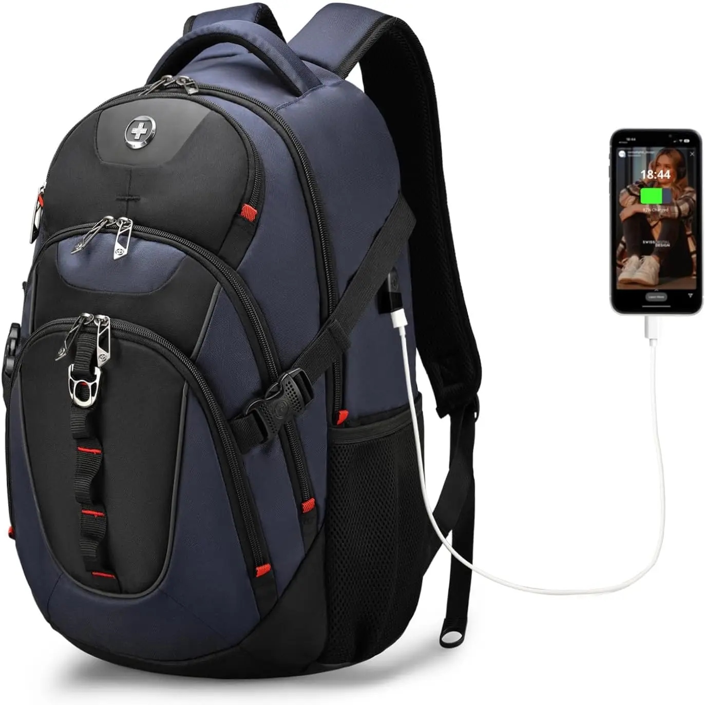 

USB-C Laptop Backpack 31L, Travel Backpack with RFID Protection, Fits 15.6" Computer, Blue/Black