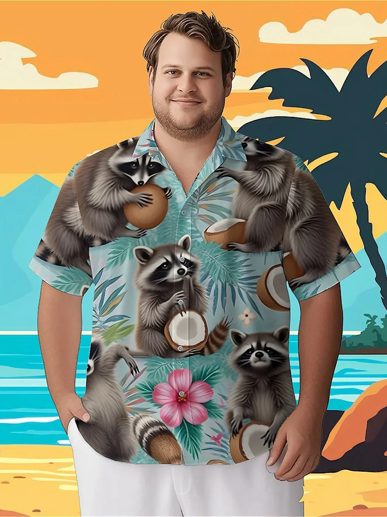 

Men's Plus Size Hawaiian ShirtsTropical Coconut Raccoon Printspattern, Button Up Shirts, Unisex Casual Clothing, Summer Tops