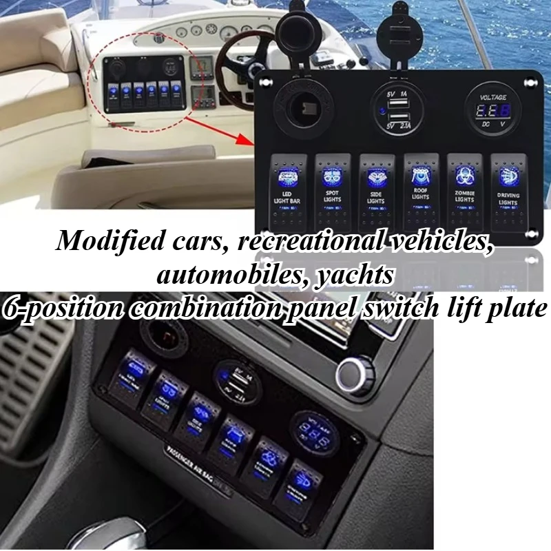 

For Car RV Boat Marine 6 Gang Rocker Switch Panel with Voltmeter 12V Socket USB Charger Waterproof Automotive Electrical Parts