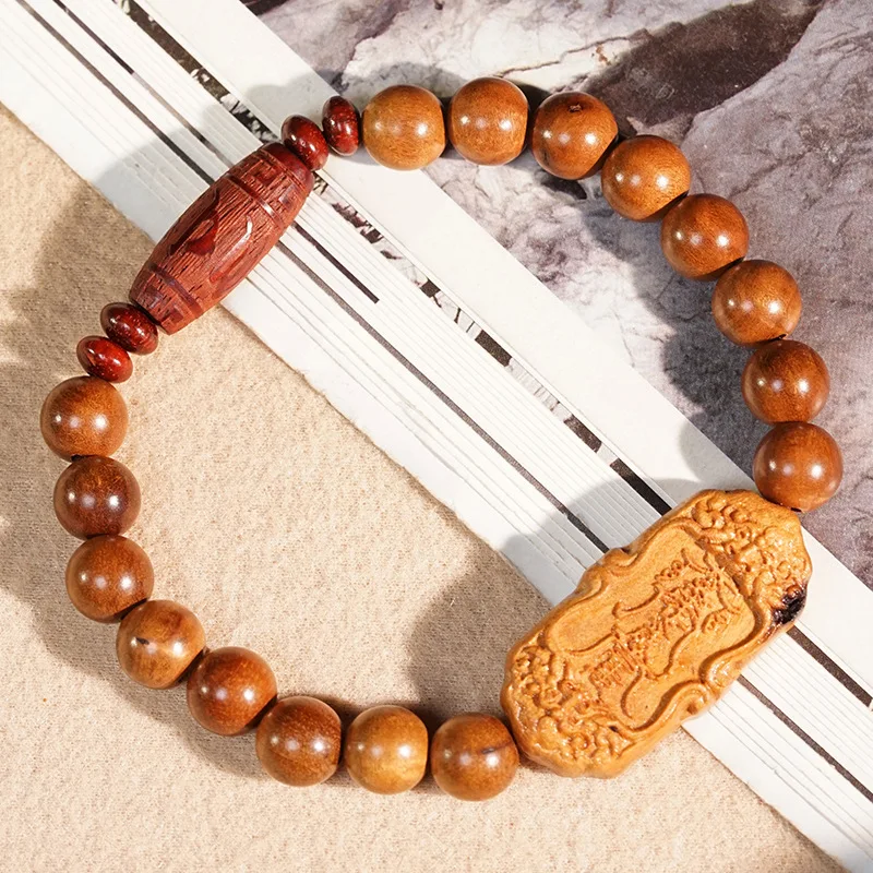 Jujube wood DIY 8mm Tai Sui charm accessory, blood sandalwood Dzi bead carved bracelet, Buddhist beads, wooden string p