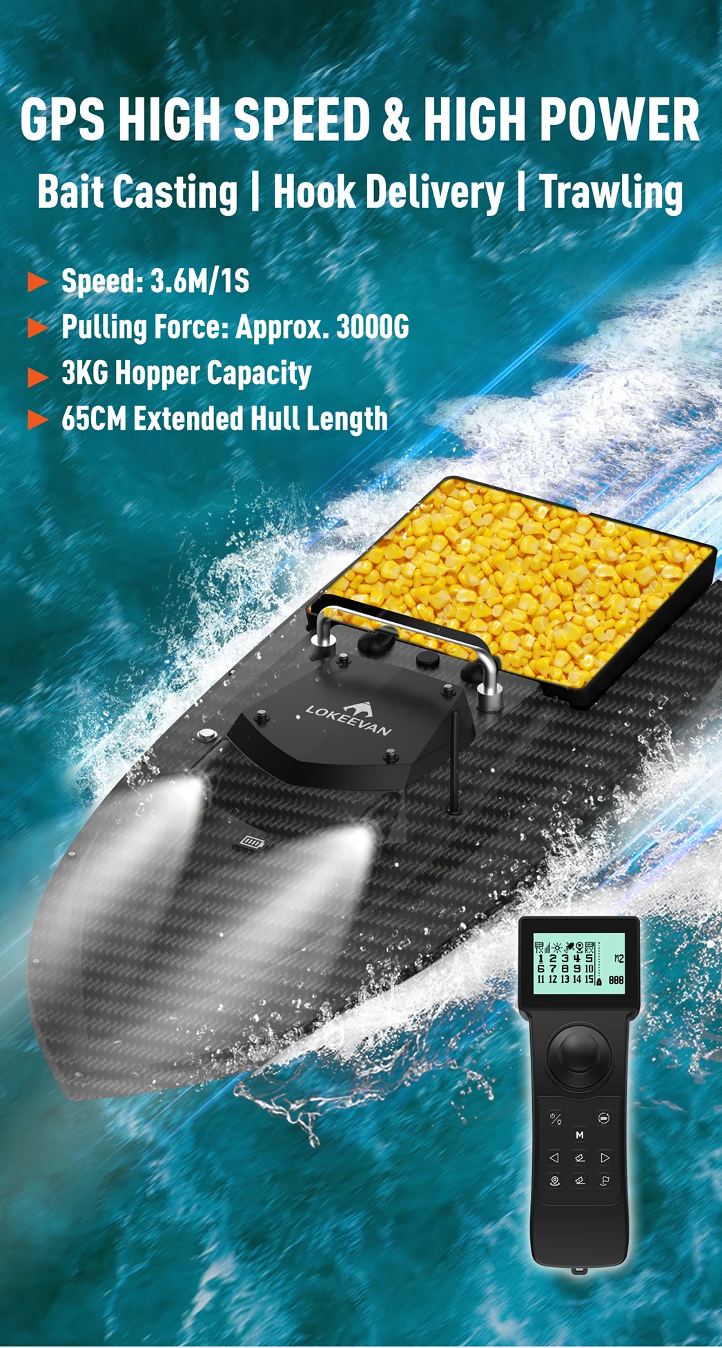 Köderboot mit GPS, 600 m Fernsteuerung, RC-Nachtboot mit LED-Beleuchtung zum Angeln, 3 kg Ladekapazität, Angelboot, 46800 mAh, 65 cm verlängerte Rumpflänge, 3,6 m/1S Hochgeschwindigkeits-Köderauswurf, Hakenlieferung, Schleppnetz – Detail 1
