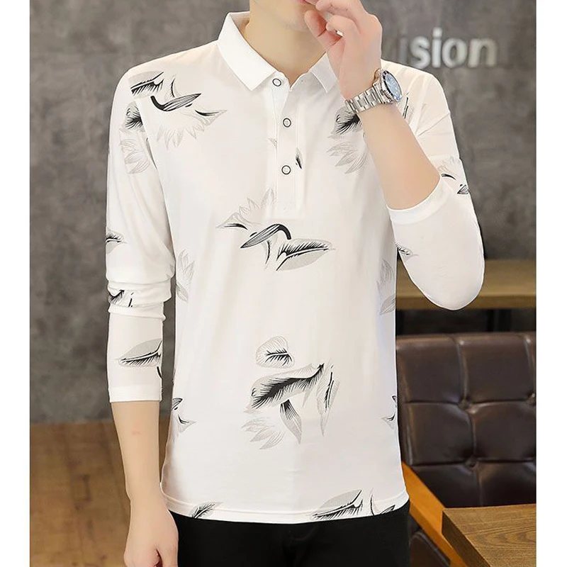 Men\'s Clothing Korean Fashion Business Casual Feather Print Polo T-shirt Spring Autumn High Quality Long Sleeve Slim Basic Tops