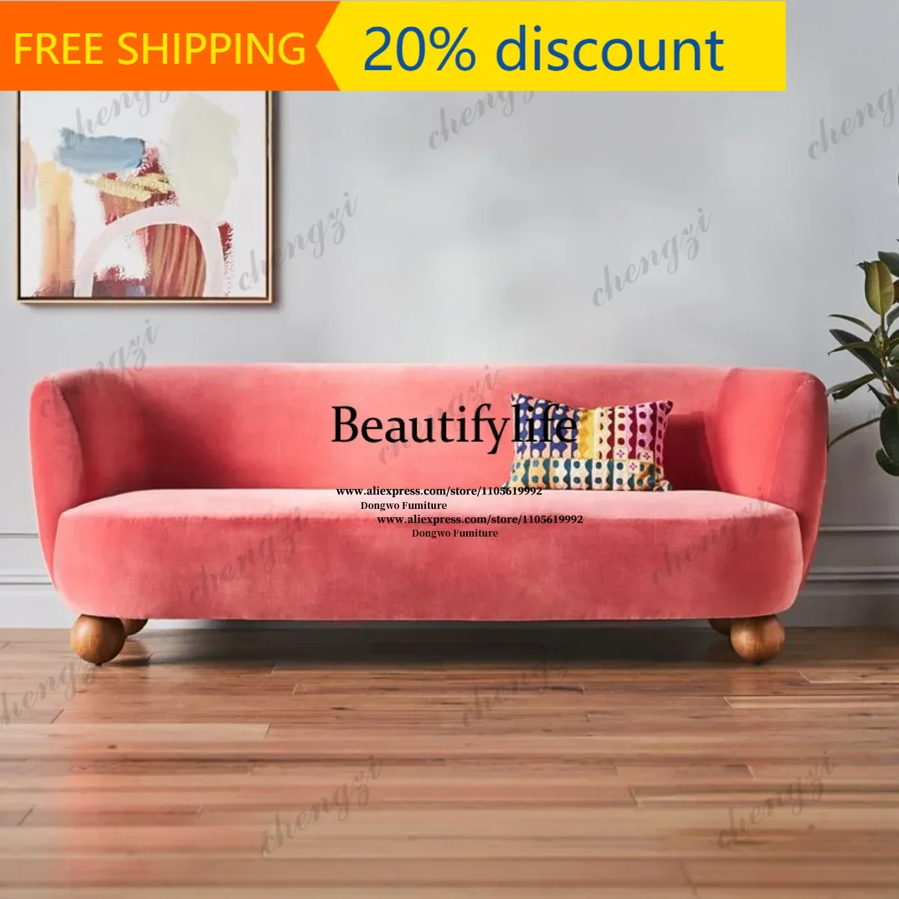 132 Retro Rose Red Velvet Curved Three Person Sofa Creative Round Ball Wooden Foot Light Luxury Living Room Fabric Sofa