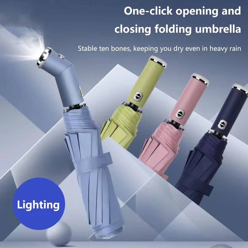 Automatic Tri-fold Umbrella LED Torch Dual Purpose Multifunctional Night-use High Intensity Windproof Folding Umbrella
