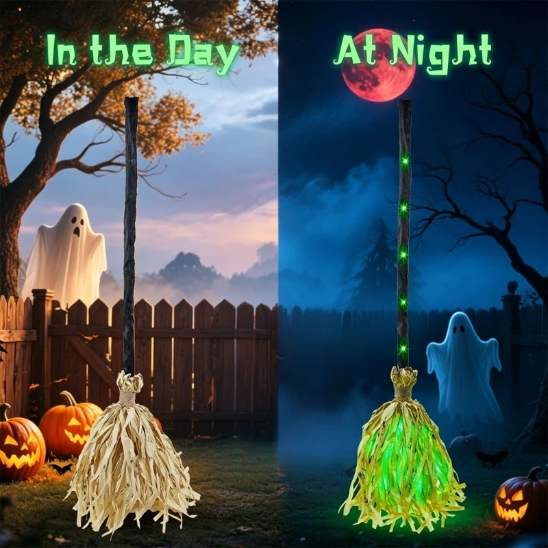 Walking Witch Broom Decoration with Green LED Lighting, Powered Movement, and Faux Straw-Style Bristles for Halloween 15UB