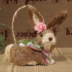 Straw Rabbit Decoration Filled Eggs Basket Straw Easter Rabbit Decor Ornament Bunny Figurine for Indoor Outdoor Spring Decor