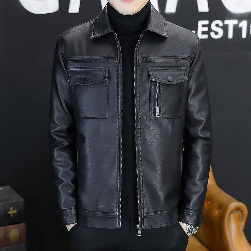 

Casual Large Collar Single Leather Jaet with Chest kets Spring Thin Big Size 6XL Simulation Leather Coat Casual Jaet