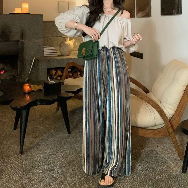 2023 New Spring and Summer Fashion High Waist Retro Casual Loose Stripe Straight Tube Floor Sweeping Women's Wide Leg Pants