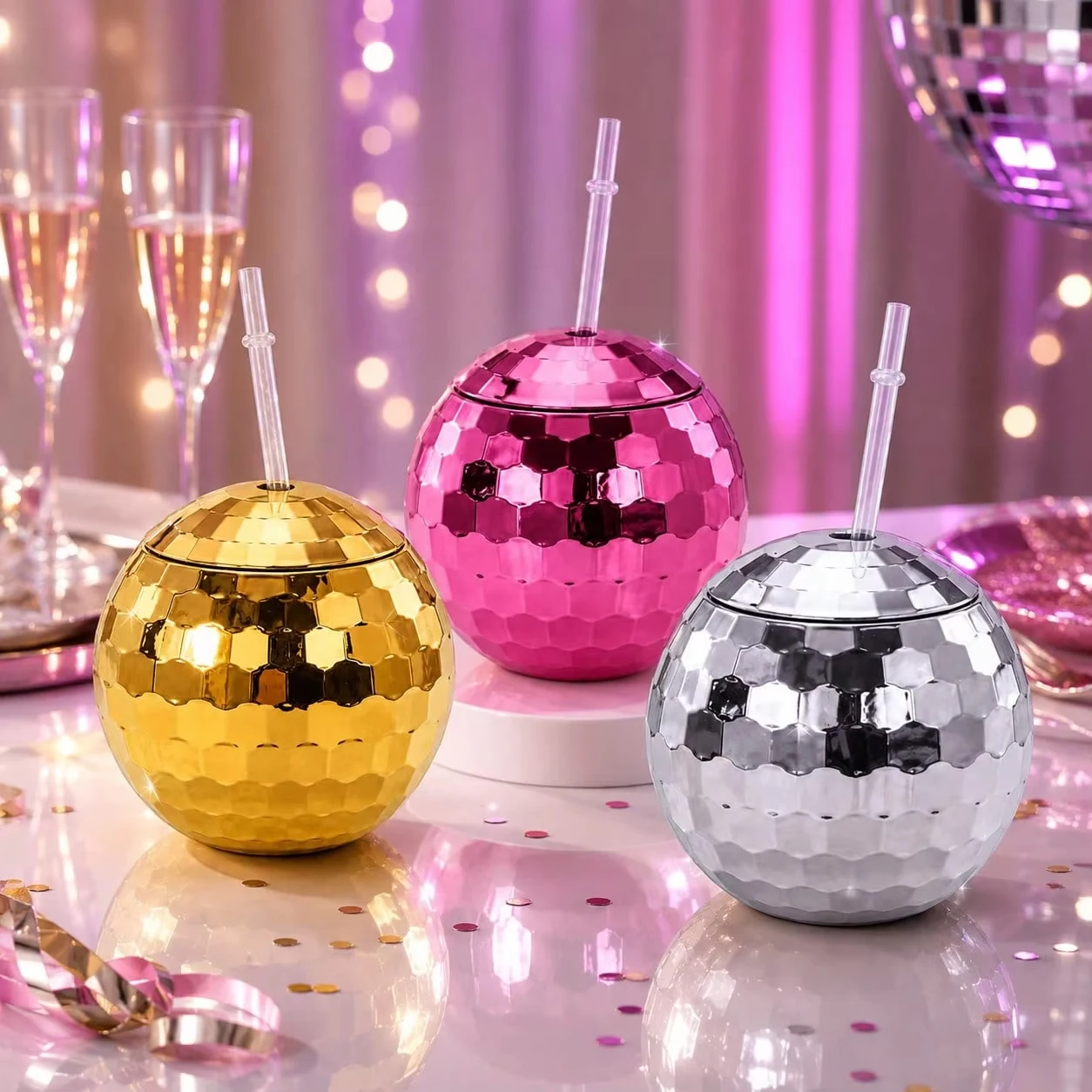 Glitter Disco Ball Drinking Cup With Straw Bar Cocktail Tumbler Bachelorette Wedding Retro Party Photo Props Drink Cup