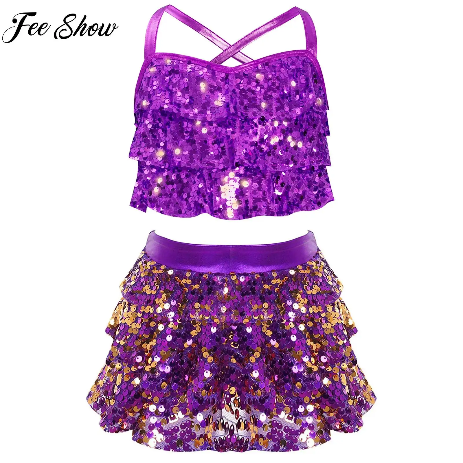 Conjuntos de baile de Jazz con lentejuelas brillantes para niñas, trajes de baile latino de Ballet para adolescentes, Top corto metálico con pantalones cortos con falda, 2 uds.