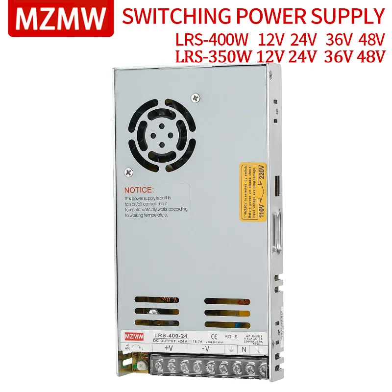 Mzmw Lrs350 Lrs400 Fonte de Alimentação de Comutação 350w 400 Única Saída ac dc 12v 24v 36v 48v Lrs35005 Lrs-35012 Lrs-35024