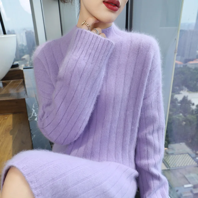 رشاقته 100% المنك النقي الكشمير محبوك فستان المرأة عالية الرقبة سبليت حجم كبير تنورة طويلة موضة فضفاضة عالية الخصر الورك البلوز