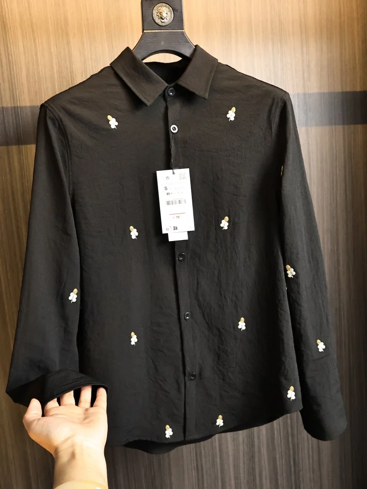Men's Summer Breathable Long Sleeve Shirt Jacket Embroidered Collar Pure Color Comfortable Skin-Friendly Fashion Urban Style