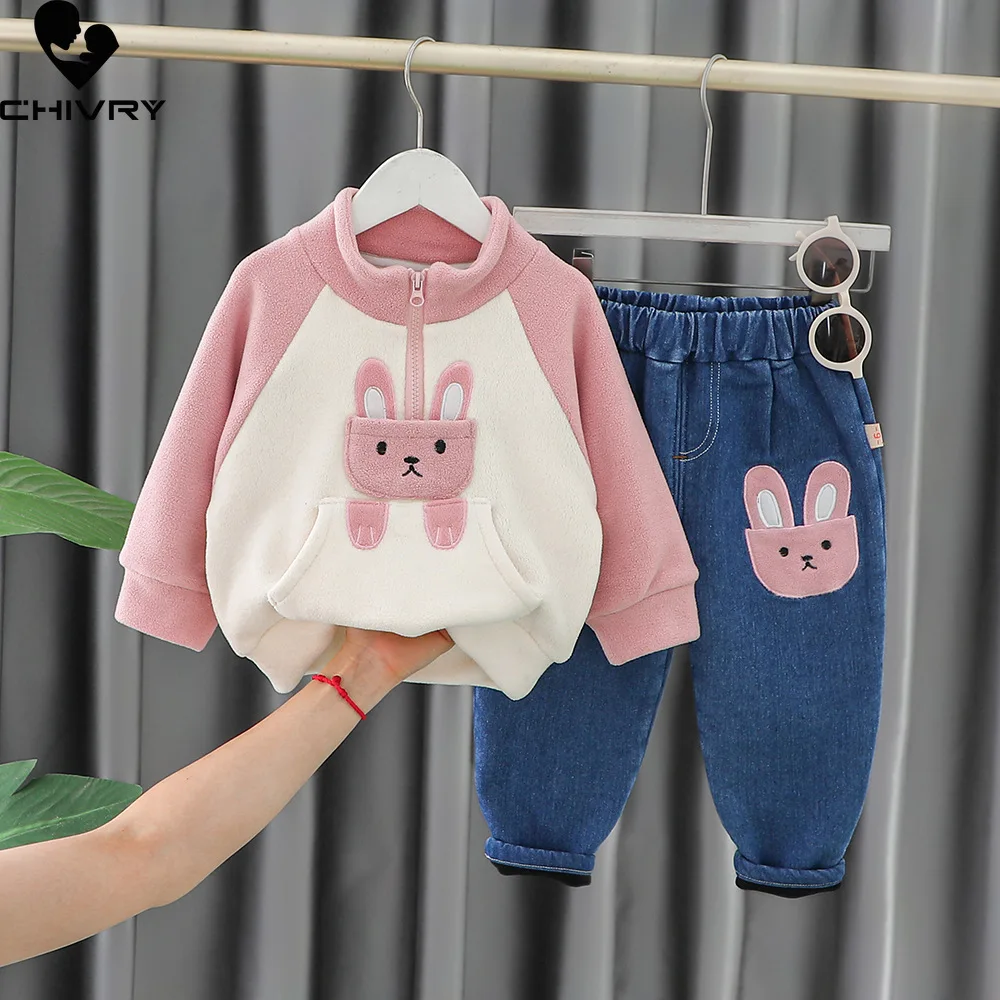 New Kids Boys Winter Cute Cartoon Bear Fleece Thicken Warm Pullover Sweatshirt Tops with Jeans Baby Girls Casual Clothing Sets