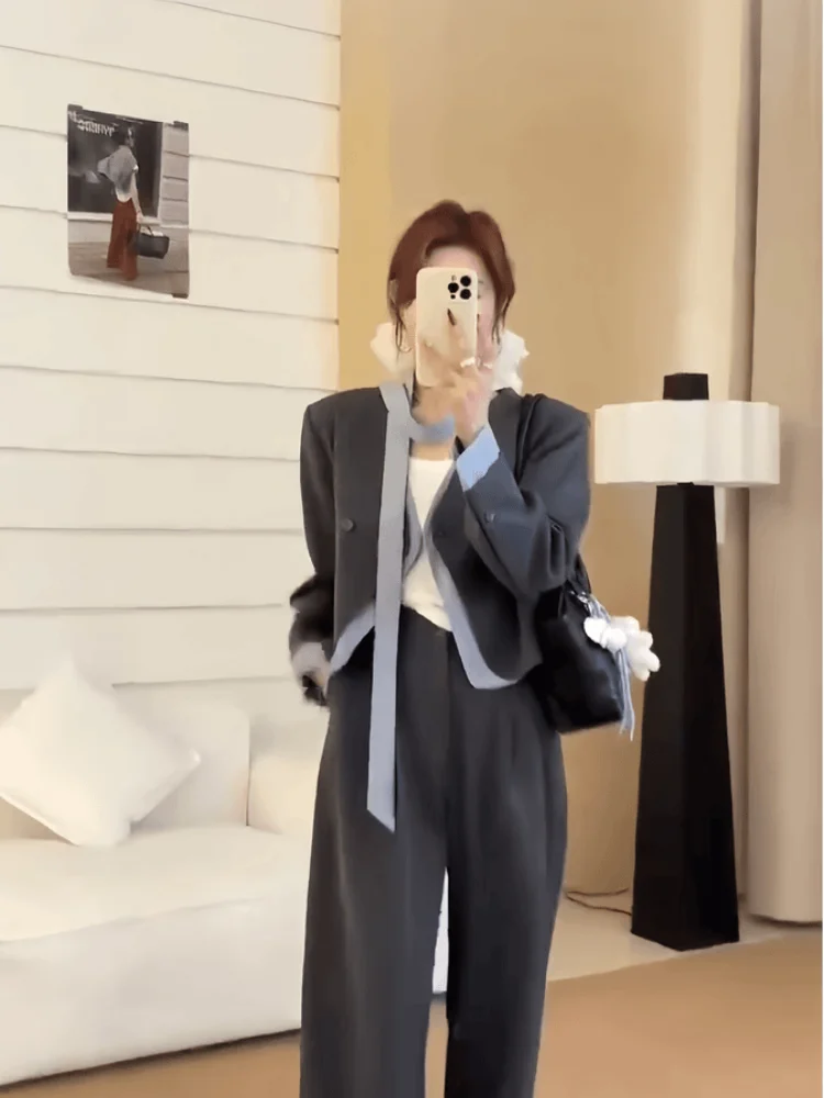 

Шикарный женский костюм с контрастными цветами и прямыми брюками, модный весенний комплект в корейском стиле: пиджак и брюки, повседневная рабочая одежда