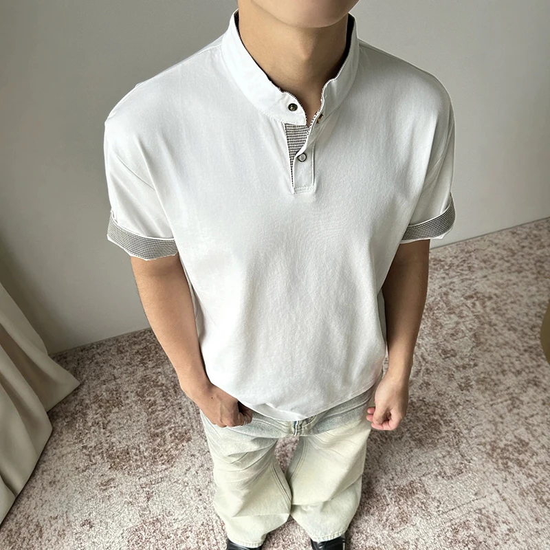 WTHT Fashion Men's Patchwork Contrast Color Button Loose T-shirts Trendy Stand Collar Short Sleeve Tops Male 2026 Summer 2A3142
