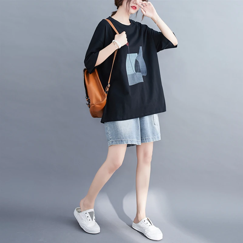 تي شيرت نسائي صيفي فضفاض بمقاسات كبيرة، بأكمام قصيرة مطبوعة، يغطي البطن، متعدد الاستخدامات، للنساء ذوات الوزن الزائد، تصميم ن... #1