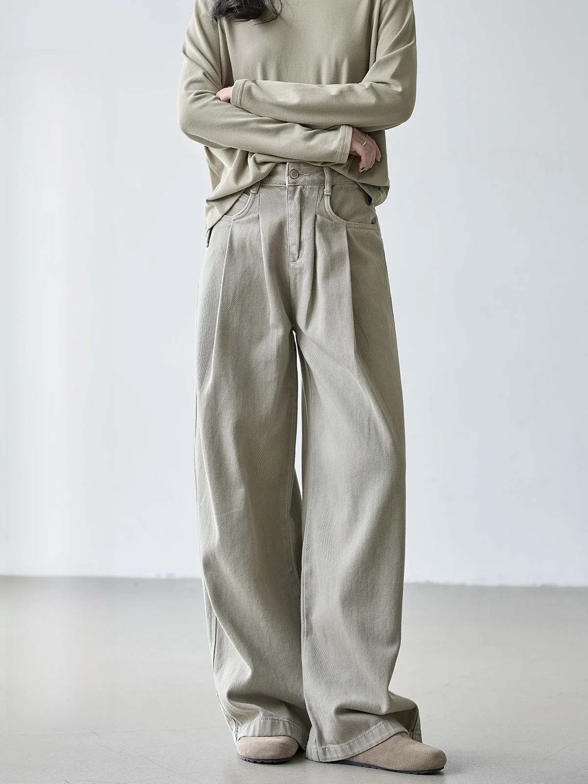 

Женские джинсы цвета хаки с высокой талией, прямые длинные брюки в сложенном виде, весна-осень, новые универсальные утягивающие брюки для поездок на работу