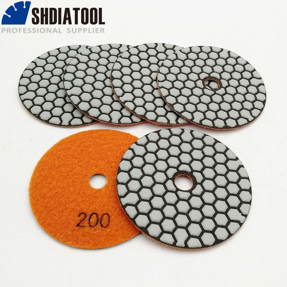 SHDIATOOL 6pcs #200 Diamond Flexible Dry Polishing Pads Set 4inch 100mm Granite Marble Stone Sanding Disc Resin Bond Grinder