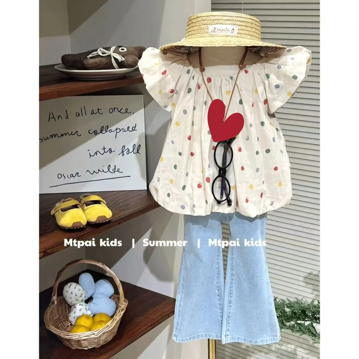 2026 New Korean Style Dotted Little Sleeve Top and Denim Flare Pants Two-Piece Set for Girls