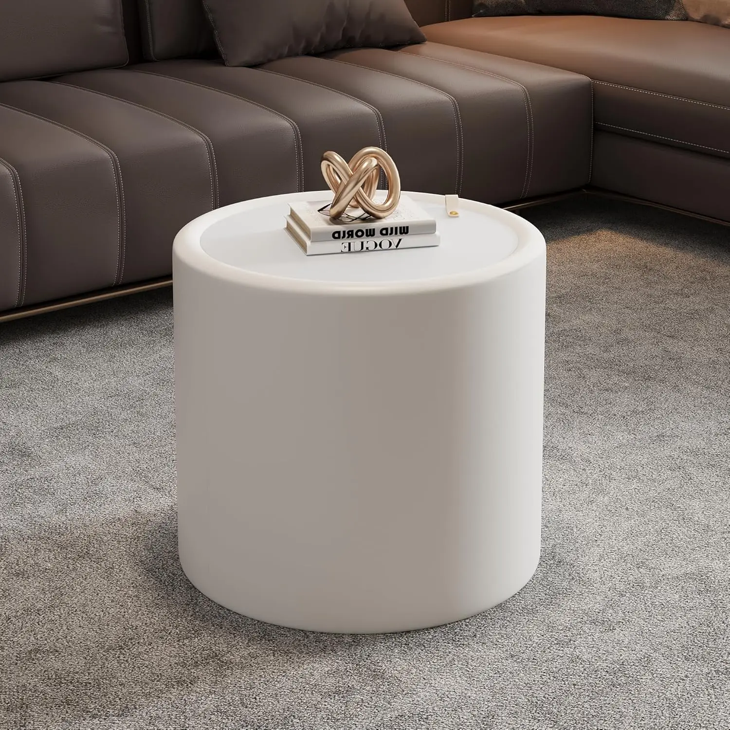 

White Round End Table Tempered Glass Top PU Leather Hidden Storage No Assembly Living Room, Customized
