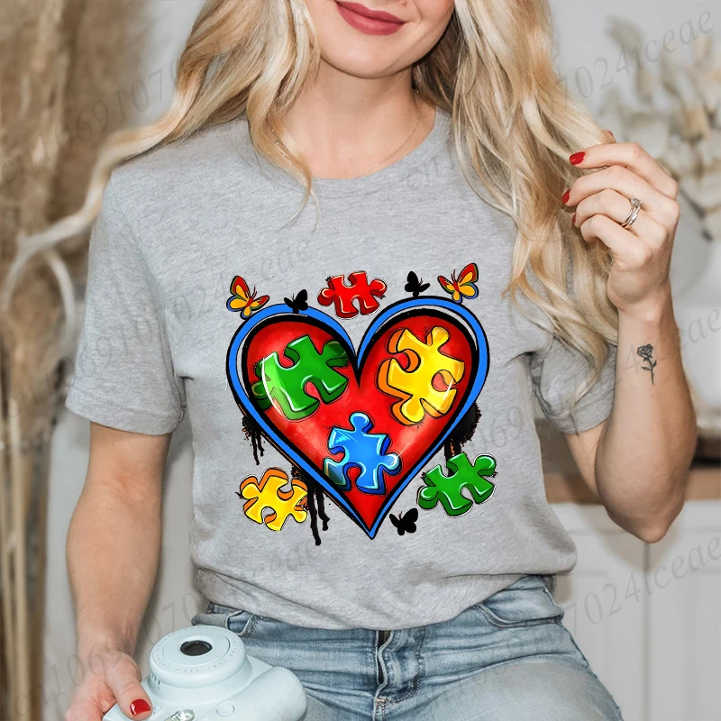 Conscientização do autismo camiseta feminina moda amor coração quebra-cabeça gráfico topos verão manga curta camisetas hip hop feminino streetwear