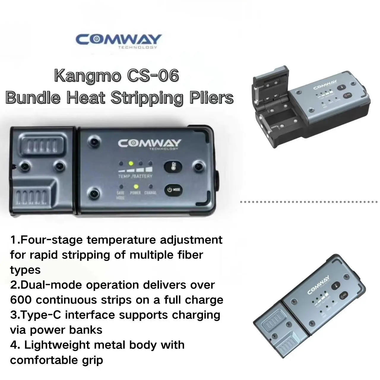 

COMWAY CS-06 Fiber Optic Heat Stripper 4-Stage Temp Dual Mode Type-C Rechargeable FTTH Fiber Stripping Pliers 600+ Strips