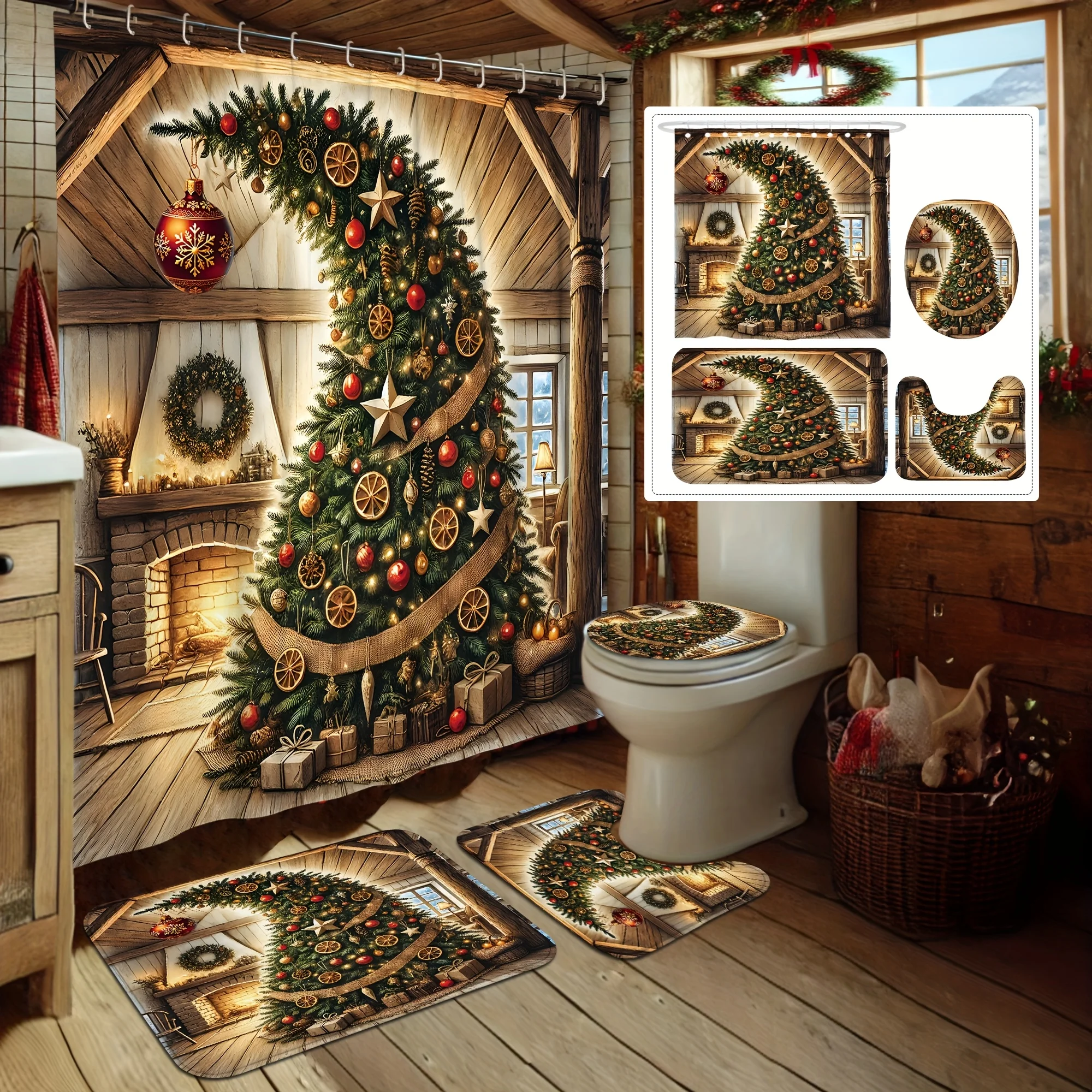 

4Pcs Xmas Tree & Fireplace Bath Set – Shower Curtain, Non-Slip Mat, U-Shaped Cover, Hooks, Winter Home Decor & Gift