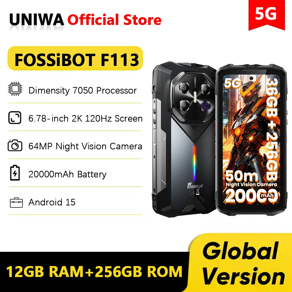 FOSSiBOT F113 5G Rugged Smartphone Android 15 6.78 Inch 36GB+256GB 20000mAh 33W 108MP Camping Light NFC Mobile Phone Unlocked