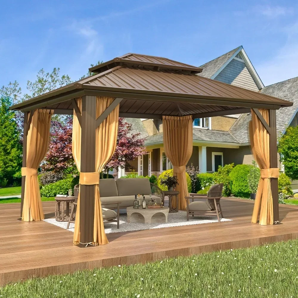 

10'x12' Gazebo Hardtop, Galvanized Steel Double Roof Metal Gazebo with Aluminum Frame, Permanent Outdoor Pavilion