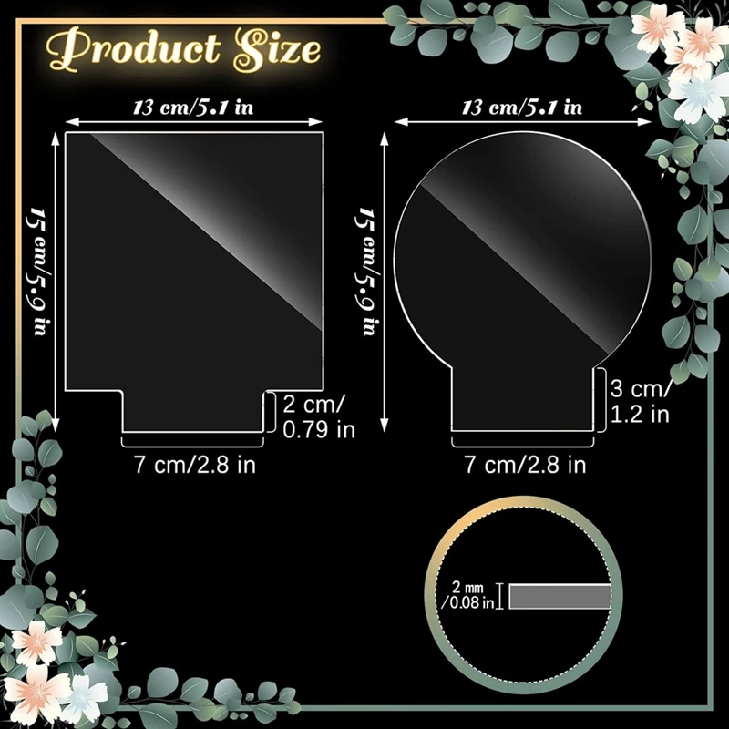 أكريليك مستدير ومربع فارغ ، قاعدة خفيفة ، لوح أكريليك شفاف ، 2 علامة مصبوبة ، 20 من الأكريليك